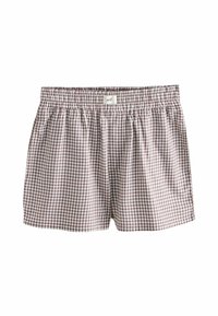 Karierte Boxershorts mit einem braun-weißen Karomuster, ausgestattet mit einem elastischen Bund und weichem Stoff für Komfort.