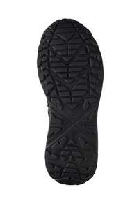 Black rubber shoe sole with deep tread pattern and flex grooves, marked with the number 42. Designed for traction on various surfaces.