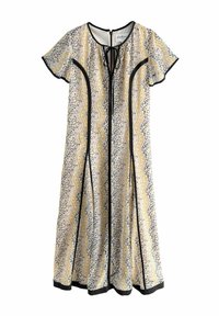 Bedrucktes Kleid in Creme mit gelben und grauen wellenförmigen Mustern, schwarzem Saum, kurzen Ärmeln, Bindekragen und A-Linien-Silhouette.