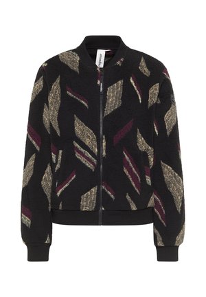 Fleece bomberjack met zwarte basis, voorzien van gedurfde geometrische patronen in beige, bordeaux en groen. Rits aan de voorkant en geribde manchetten.