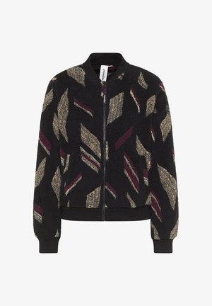 Fleece bomberjack met zwarte basis, voorzien van gedurfde geometrische patronen in beige, bordeaux en groen. Rits aan de voorkant en geribde manchetten.