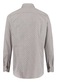 Camicia da uomo a maniche lunghe, grigio chiaro con piccole pois blu navy, polsini con bottoni e colletto classico. Tessuto morbido e liscio con una vestibilità classica.