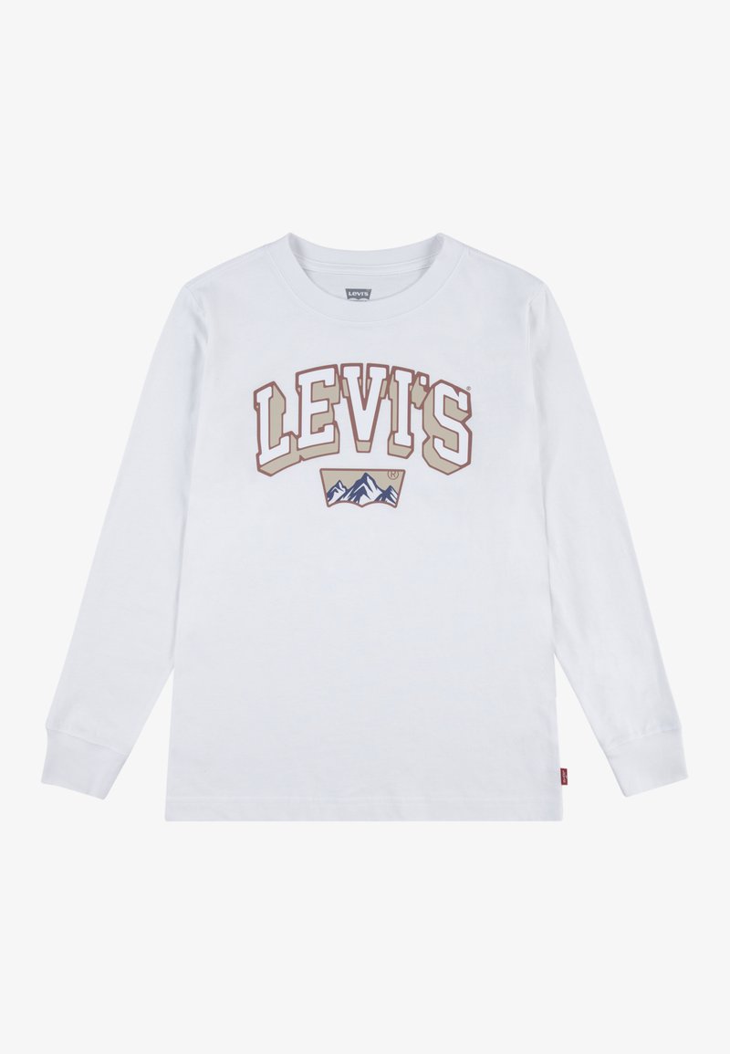Camicia bianca a maniche lunghe in cotone, con la scritta "LEVI'S" in marrone e grafiche di montagne. Collo a giro e polsini a costine, vestibilità classica.