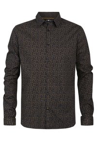 Camicia a maniche lunghe di colore blu scuro con un motivo geometrico beige. Presenta un colletto a camicia e bottoni frontali. Realizzata in un tessuto liscio.