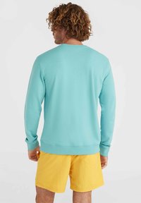 Mintgroen sweatshirt met lange mouwen en een geribbelde onderrand, gecombineerd met gele shorts. Het sweatshirt heeft een ronde halslijn en een zachte textuur.