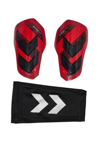 Rote Schienbeinschoner mit schwarzen Akzenten, versehen mit einem Chevron-Design und dem Etikett "HYPER FIT". Enthält eine schwarze Kompressionsmanschette mit weißen Pfeilen.