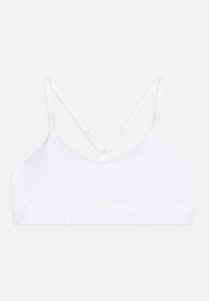 Witte sportbh met verstelbare banden, zachte stof en een brede elastische band met een reliëf Nike-logo. Eenvoudig, minimalistisch ontwerp.