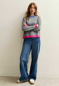 Grijze trui met roze en blauwe accenten, gecombineerd met losse blauwe jeans. De trui heeft een ronde halslijn en ribgebreide manchetten. Casual schoeisel zichtbaar.