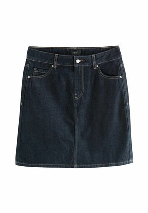 Dark denim skirt featuring a fitted design, five-pocket styling, front button closure, and contrasting stitching.