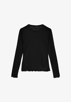 Must pikkade varrukatega ümara kaelusega särk, mille varrukate ja ääre servad on lainelised, asetatud lamedalt valgele taustale.