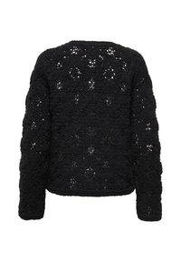 Pull noir à manches longues en crochet avec motifs floraux et petits détails ajourés, montré de dos sur fond blanc.
