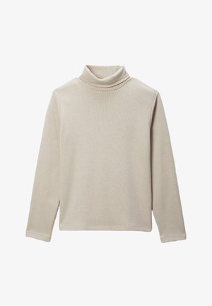 Un haut col roulé beige fabriqué à partir de tissu côtelé. Il présente des manches longues et un col haut. Design simple et uni avec une coupe droite à l'ourlet.