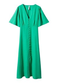 Robe maxi verte avec un décolleté en V, de courtes manches volantées et une fermeture à boutons sur le devant. Fabriquée en tissu léger et texturé.