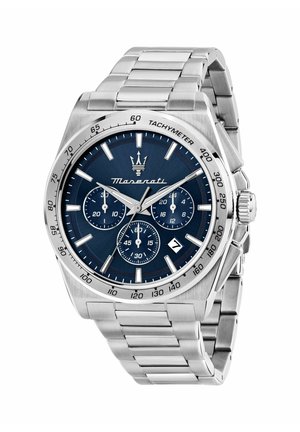 RVS Maserati chronograafhorloge met blauwe wijzerplaat, drie subwijzers, tachymeter-ring, datumvenster en zilverkleurige metalen schakelband.