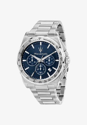 Maserati kronografur i rustfrit stål med blå urskive, tre underskiver, tachymeter-rand, datovindue og sølvfarvet metalledsrem.