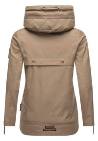 Beige hooded jacket with a high collar, buttoned flap pockets, and adjustable drawstring. Features textured fabric and branding on the hem.
