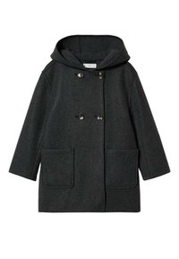 Mörkgrå ullkappa med huva, dubbelknäppt knappar och två framfickor. Rak ärmklippning och mjuk textur.