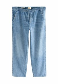 Pantaloni din denim de culoare albastru deschis, cu o croială relaxată, talie elastică, închidere cu șnur și două buzunare frontale. Textură netedă, design cu picior drept.