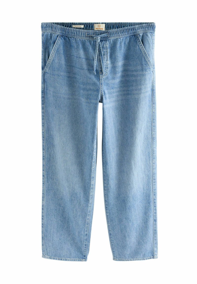 Pantaloni din denim de culoare albastru deschis, cu o croială relaxată, talie elastică, închidere cu șnur și două buzunare frontale. Textură netedă, design cu picior drept.