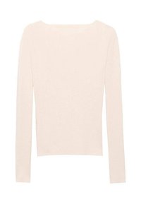 Haut côtelé à manches longues beige clair avec un décolleté carré, doté d'une coupe ajustée et d'une texture douce, idéal pour le superposition.