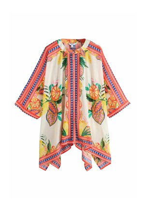 Kerge kreemjas pončo erksate troopiliste puuviljade ja lehtede mustritega, punased ja sinised geomeetrilised triibud mööda ääriseid ja varrukaid.