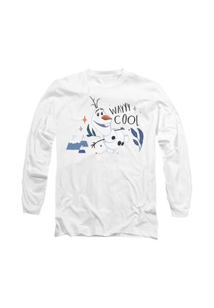 White long-sleeve t-shirt featuring a cartoon character, snowflakes, and text "WAYYY COOL" in playful fonts and colors. Soft cotton material.