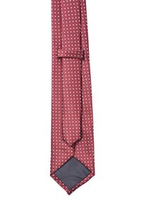 Cravatta di seta rossa con pois bianchi, dotata di punta appuntita e retro grigio solido e testurizzato. Design slim con un'asola per un aspetto ordinato.