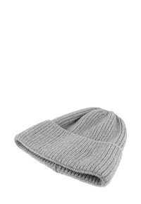 Gray ribbed knit beanie with a folded cuff, displayed on a white background.