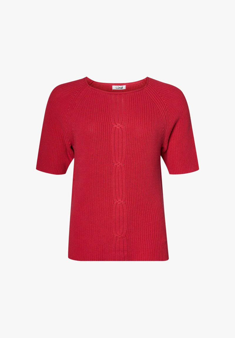 Piros kötött, rövid ujjú pulóver bordás textúrával, középen hosszúkás hurkokból álló mintával és kerek nyakkivágással.