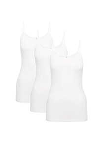 Three white tank tops with thin straps. Made of soft, smooth material. Fitted design with a rounded neckline and no visible patterns.