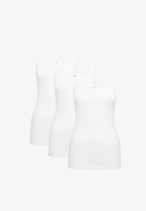 Three white tank tops with thin straps. Made of soft, smooth material. Fitted design with a rounded neckline and no visible patterns.