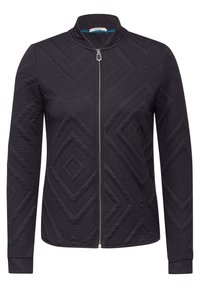 Veste noire avec un col haut, dotée d'un motif en losanges matelassé, fermeture éclair intégrale et manches longues, fabriquée en tissu texturé.