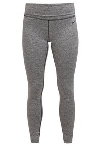 Szare legginsy sportowe wykonane z elastycznego materiału, z szerokim pasem w talii, subtelną fakturą w prążki oraz małym logo na udzie.