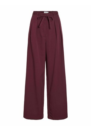 Burgunderfargede bukser med bred ben, laget av mykt stoff, med høy midje og knyttet belte, folder foran og sidelommer.