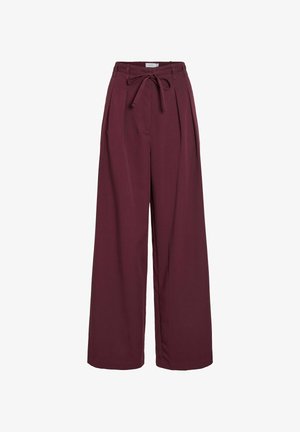 Burgunderfargede bukser med bred ben, laget av mykt stoff, med høy midje og knyttet belte, folder foran og sidelommer.