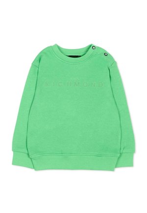 Groene sweatshirt met lange mouwen, geribde boorden en zoom, versierd met kleine geperforeerde "JOHN RICHMOND" tekst en twee zwarte knopen op de schouder.