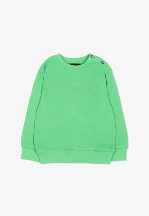 Groene sweatshirt met lange mouwen, geribde boorden en zoom, versierd met kleine geperforeerde "JOHN RICHMOND" tekst en twee zwarte knopen op de schouder.