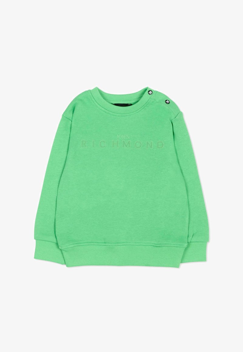 Sweat-shirt vert à manches longues avec poignets et ourlet côtelés, orné d'un petit texte perforé "JOHN RICHMOND" et de deux boutons noirs sur l'épaule.