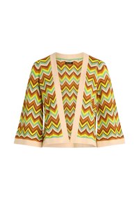 Sweter kardigan z wzorem zygzakowym w kolorach brązowym, zielonym i beżowym, z rękawami o długości trzy czwarte oraz dekoltem w szpic. Miękka, teksturowana tkanina.