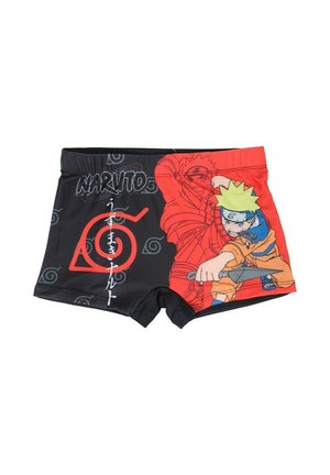 Maillot de bain garçon avec le personnage Naruto en tenue orange tenant un kunai, fond noir et rouge, et logo Naruto avec texte japonais.