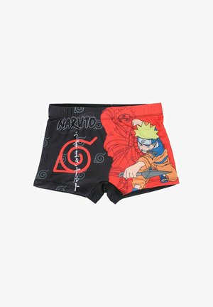 Maillot de bain garçon avec le personnage Naruto en tenue orange tenant un kunai, fond noir et rouge, et logo Naruto avec texte japonais.