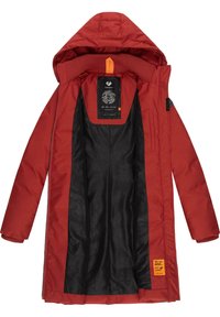 Red padded jacket with a hood, featuring a black inner lining, zip closure, and an orange accent label on the hem.