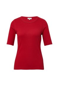 Camiseta corta de manga roja hecha de algodón suave. Presenta un cuello redondo y un diseño ajustado. Sin patrones adicionales ni adornos.