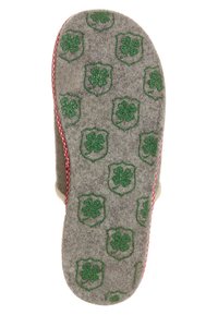 Gray felt slipper sole featuring embossed green four-leaf clovers with shield outlines, red accent along the edge.