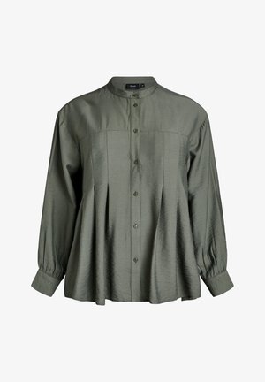 Grüne Knopf-leiste Hemd aus strukturiertem Stoff, mit Stehkragen, gefältelter Vorderseite und langen Ärmeln mit geknöpften Manschetten.