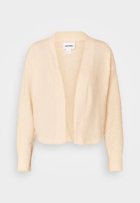 Cardigan beige realizzato in materiale morbido e testurizzato. Davanti aperto, maniche lunghe, con dettagli a coste lungo il colletto e i polsini.