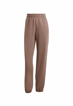 Bruine fleece joggers met een elastische tailleband, taps toelopende manchetten en een minimalistisch logo aan de zijkant. Zachte textuur, casual ontwerp.