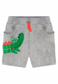 Szare szorty wykonane z miękkiego materiału z elastycznym paskiem w talii, ozdobione zielonym graficznym wizerunkiem krokodyla oraz czerwonym akcentem na sznurku do ściągania.