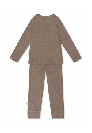 Ensemble composé d'un haut à manches longues marron clair en tissu tricoté et d'un pantalon assorti, conçu pour le confort et un usage décontracté.