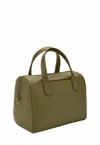 Sac à main en cuir vert olive, de forme arrondie, avec doubles anses supérieures et surface texturée. Il est doté d'une fermeture éclair et de détails de couture discrets.